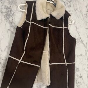 Brown Shearling Vest with Cream Accents